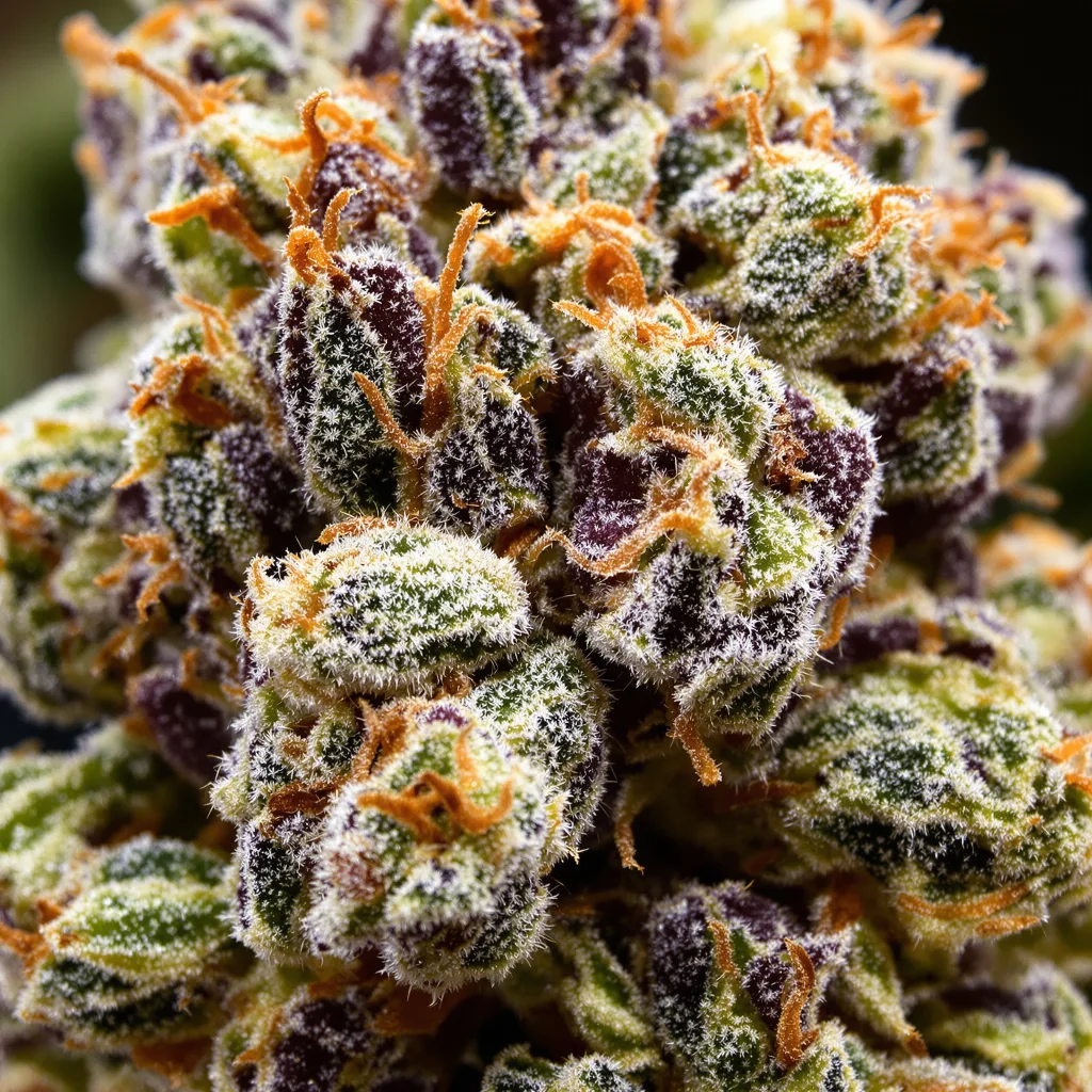 Gros plan de fleur de cannabis Cherry Kola montrant calices denses aux reflets violets