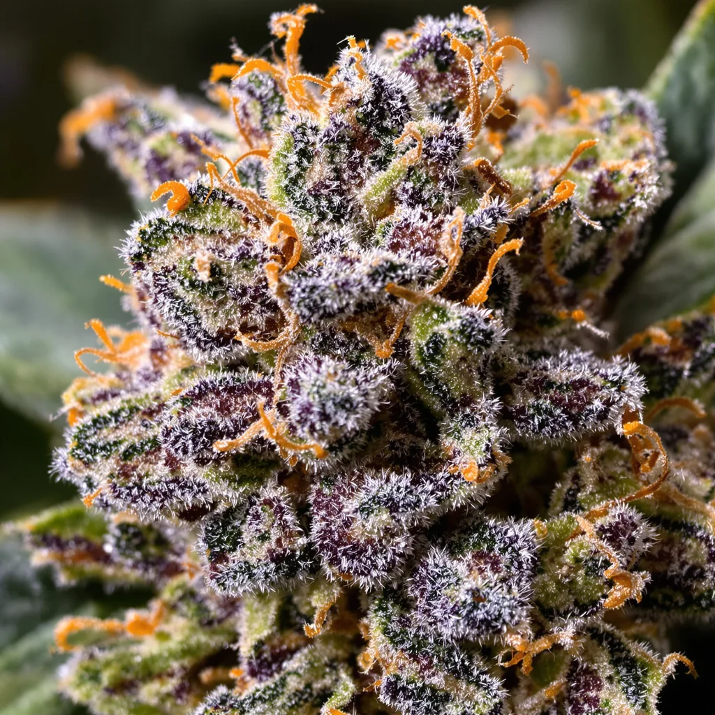 Gros plan de fleur de cannabis Chiesel montrant calices denses aux reflets violets