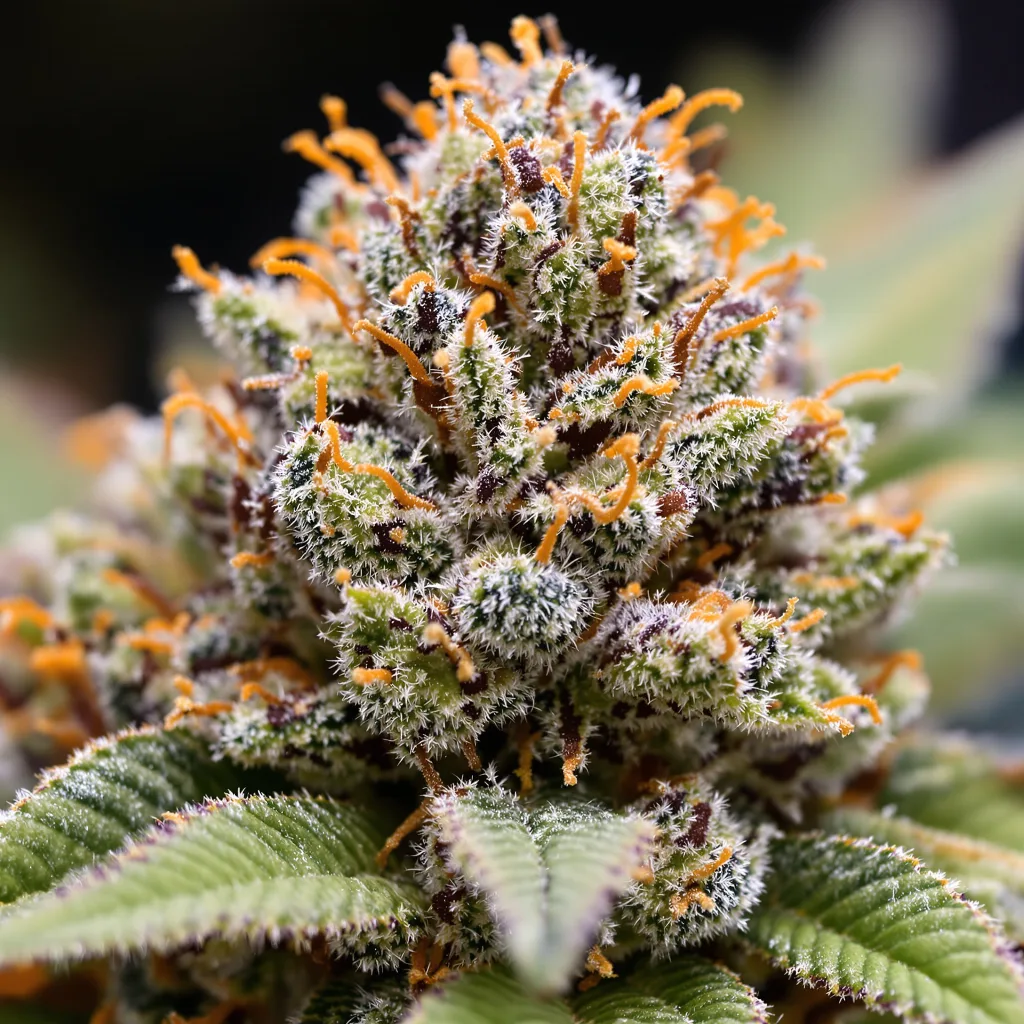 Gros plan de fleur de cannabis China Yunnan montrant calices denses aux reflets violets