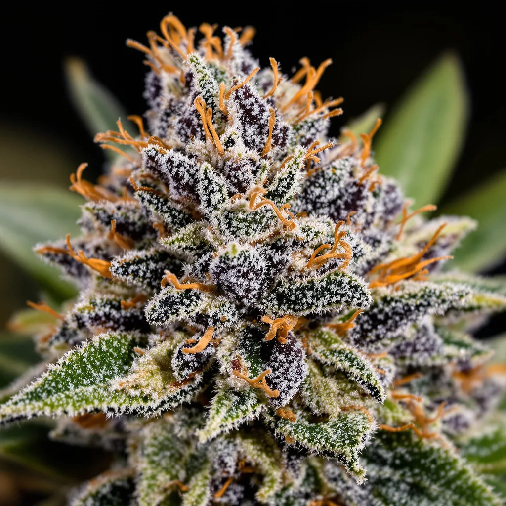 Gros plan de fleur de cannabis China Yunnan montrant calices denses aux reflets violets