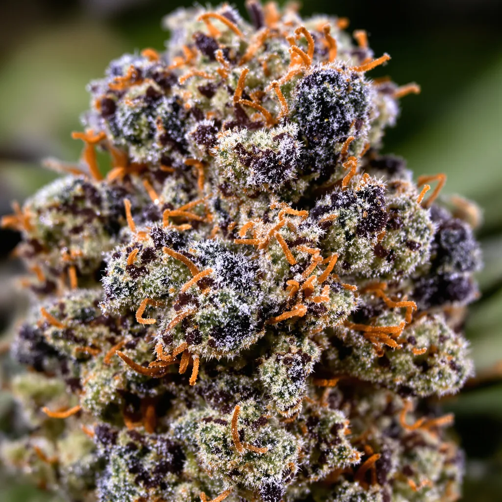 Gros plan de fleur de cannabis Chocolate Chunk montrant calices denses aux reflets violets