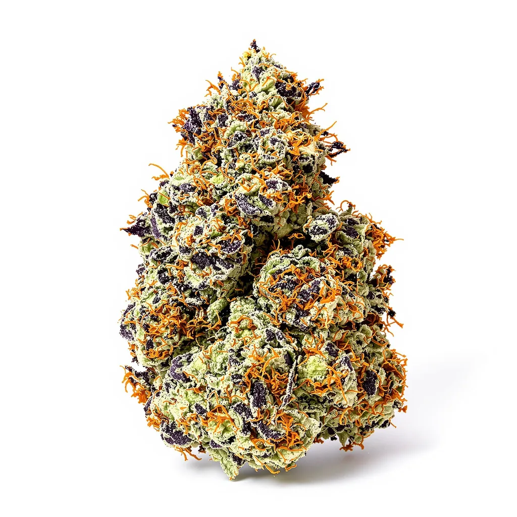 Chocolate Chunk 100% indica / 50% sativa — fleur avec trichomes visibles