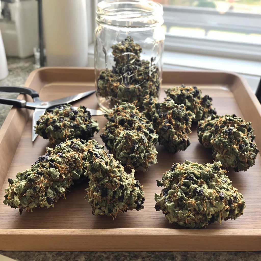 Chocolate Chunk 100% indica / 50% sativa — fleur avec trichomes visibles