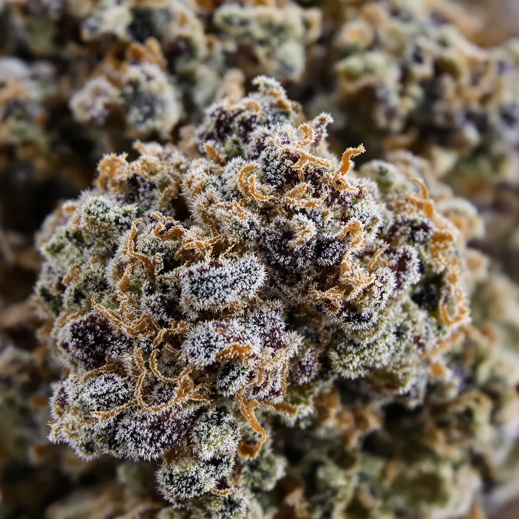 Gros plan de fleur de cannabis Chocolate Kush montrant calices denses aux reflets violets