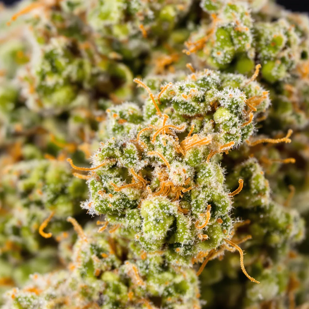 Gros plan de fleur de cannabis Chocolate Orange montrant structure aérée vert lime