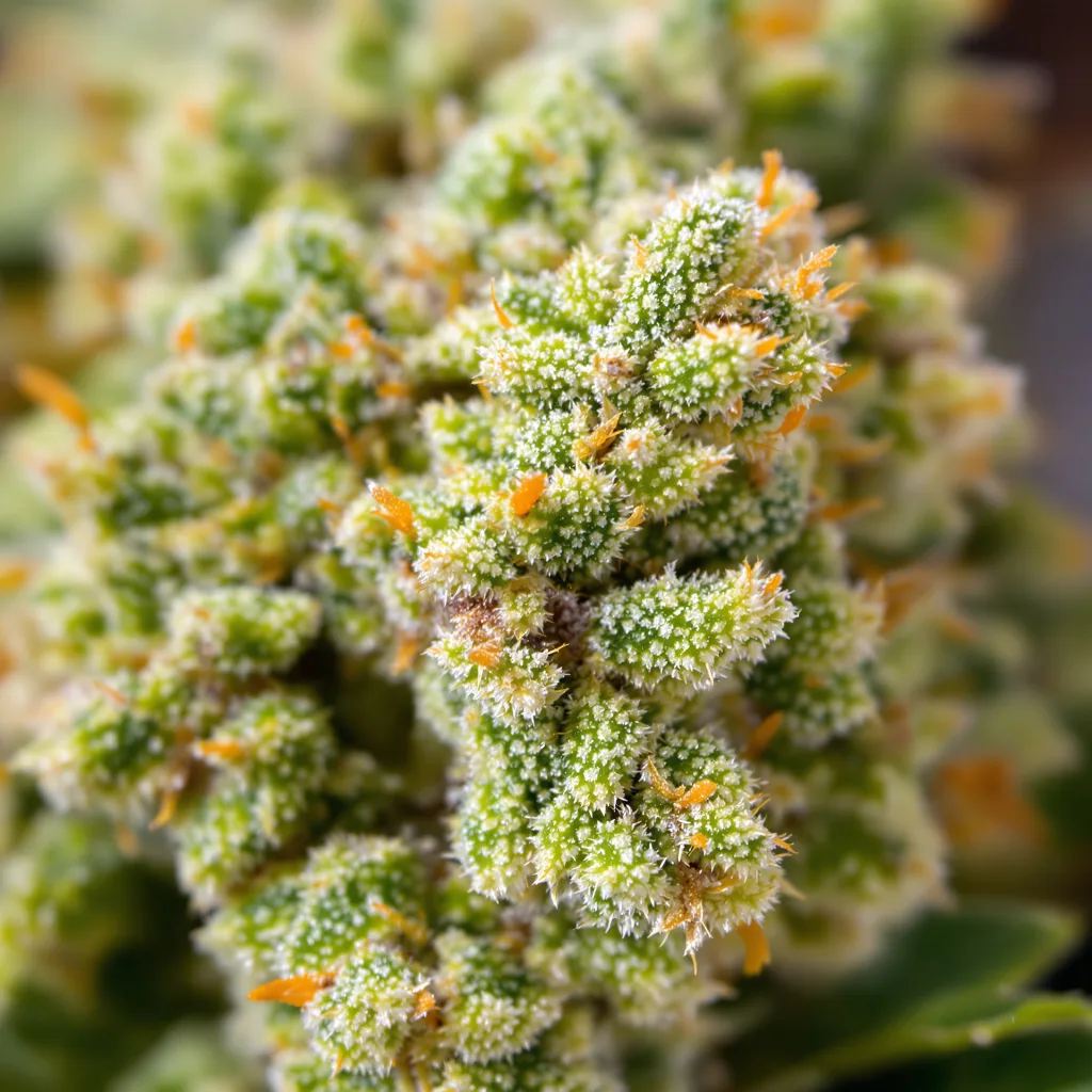 Gros plan de fleur de cannabis Chocolope montrant structure aérée vert lime