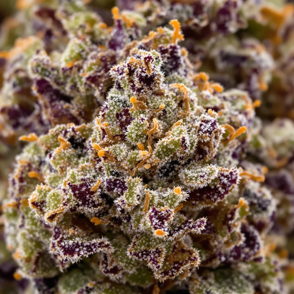 Gros plan de fleur de cannabis Chocolope Kush montrant calices denses aux reflets violets