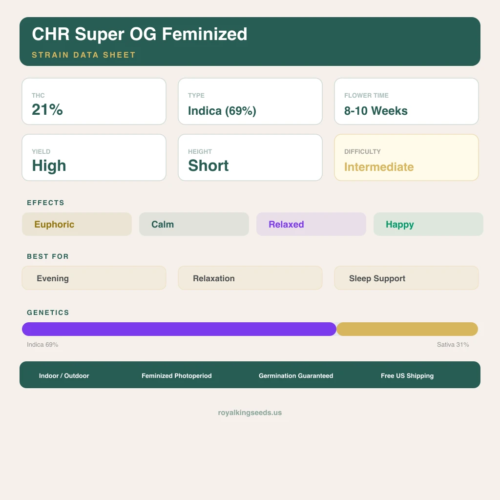CHR Super OG 69% indica / 31% sativa — fleur avec trichomes visibles