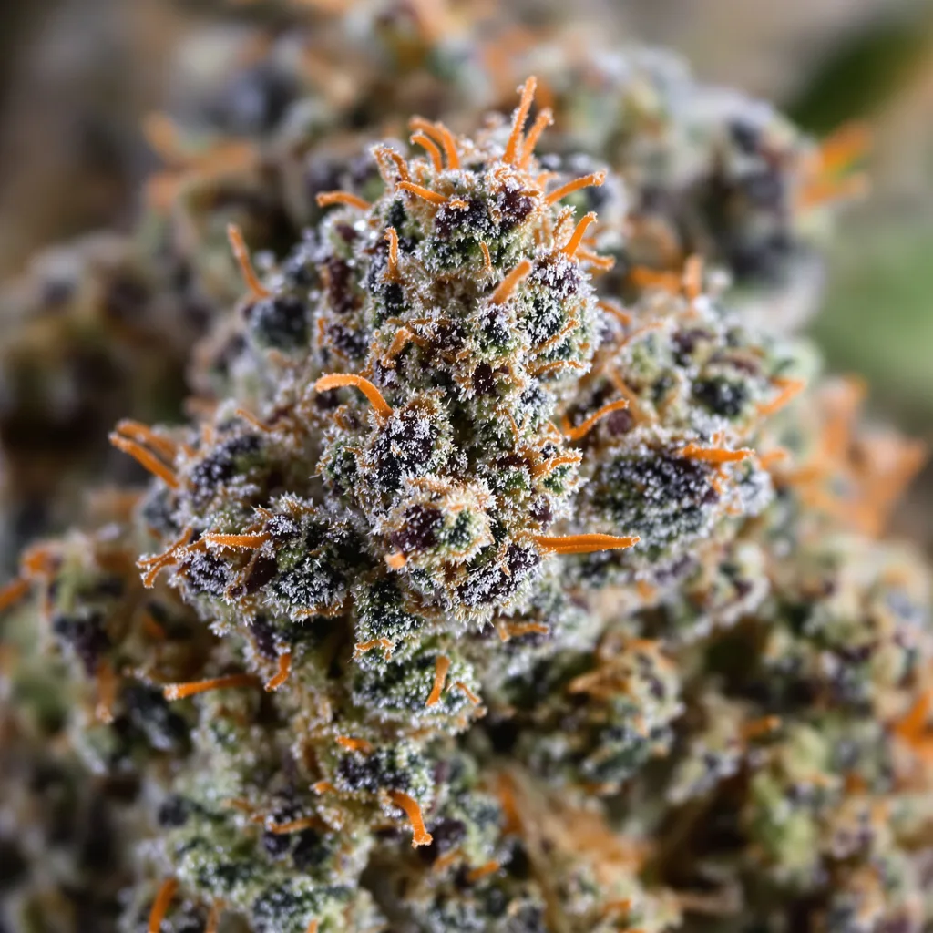 Gros plan de fleur de cannabis Chronic montrant calices denses aux reflets violets