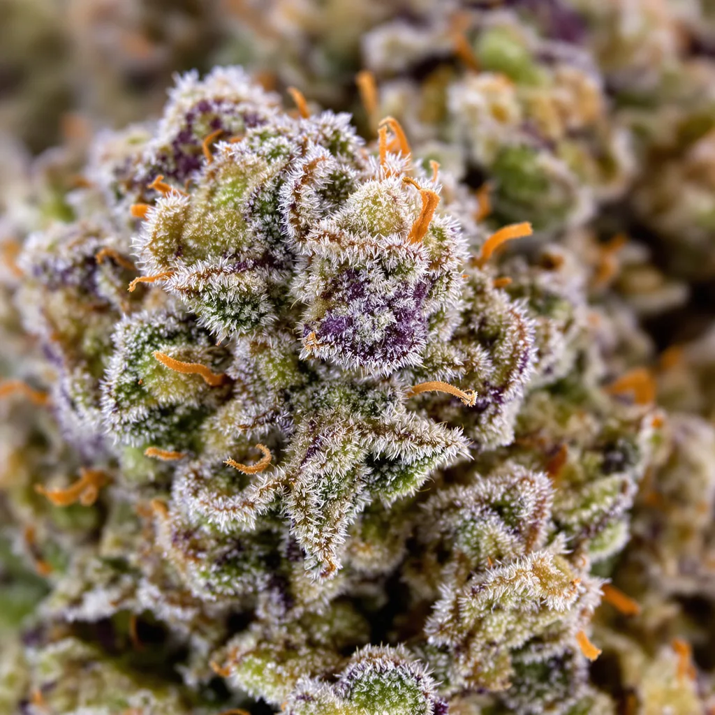 Gros plan de fleur de cannabis Chronic Thunder montrant structure équilibrée avec trichomes givrés