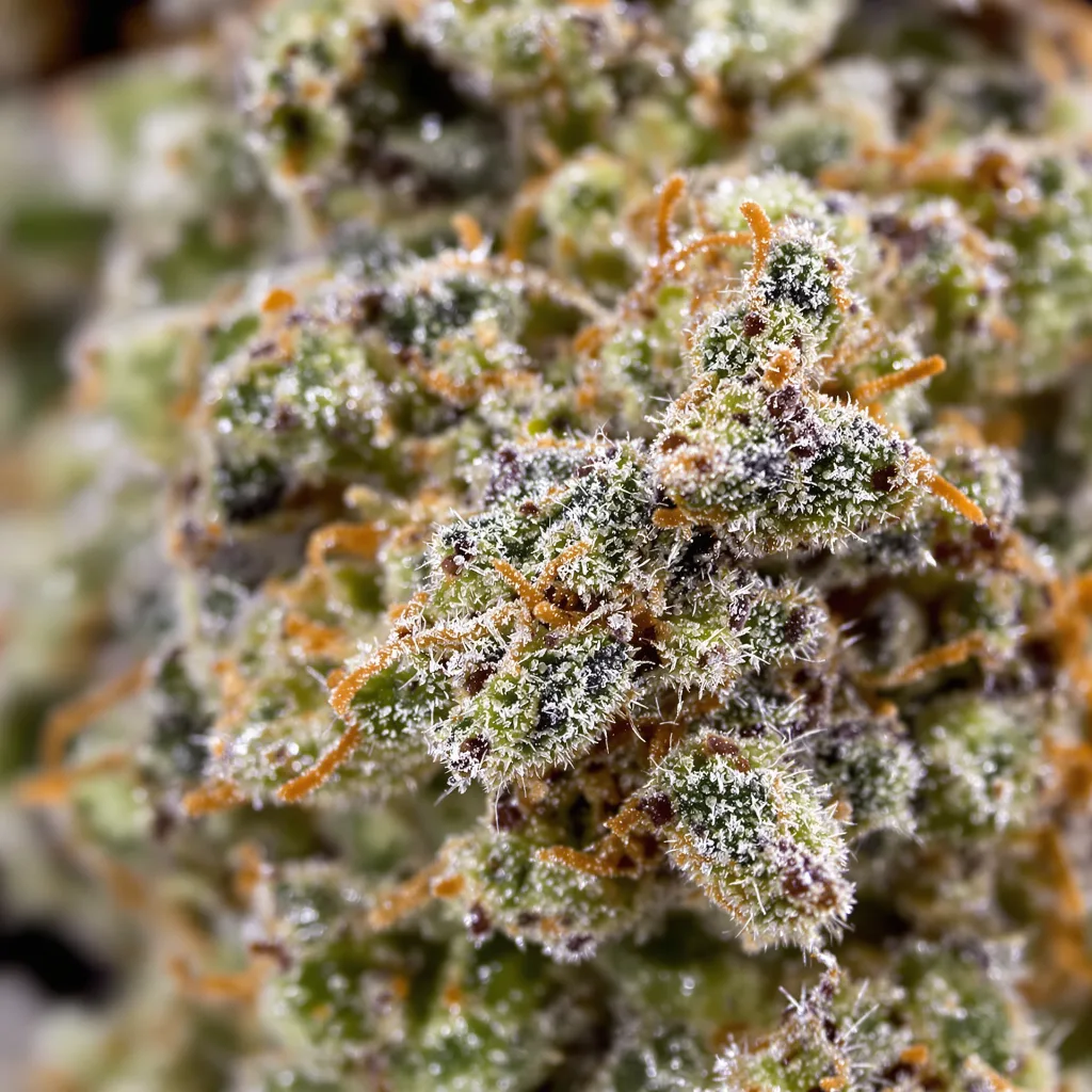 Gros plan de fleur de cannabis Chupacabra montrant structure équilibrée avec trichomes givrés