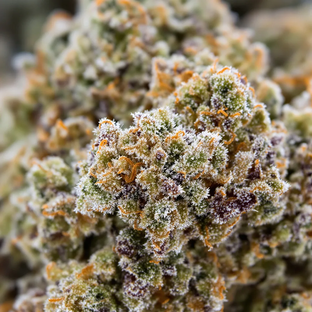 Gros plan de fleur de cannabis Church OG montrant structure équilibrée avec trichomes givrés