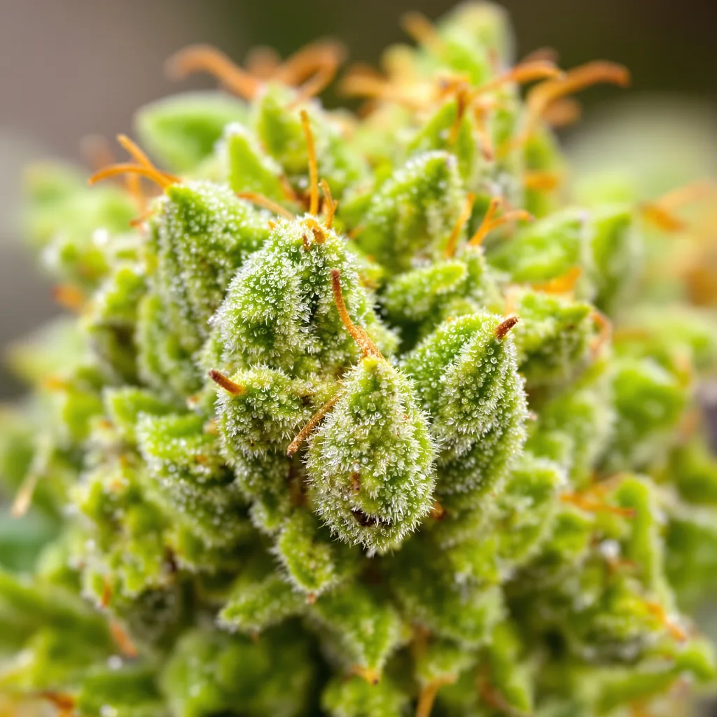 Gros plan de fleur de cannabis Cinderella 99 montrant structure aérée vert lime