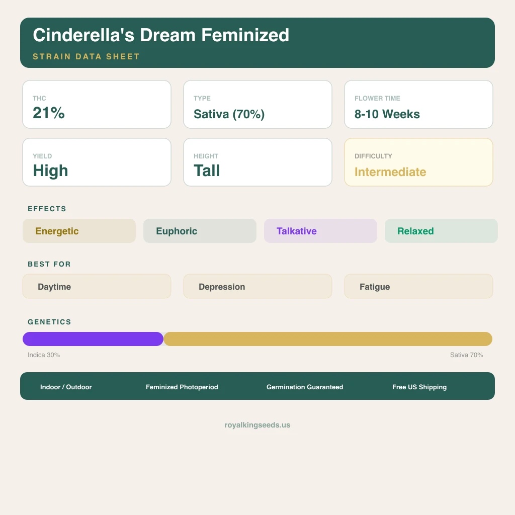 Cinderella's Dream 30% indica / 70% sativa — fleur avec trichomes visibles