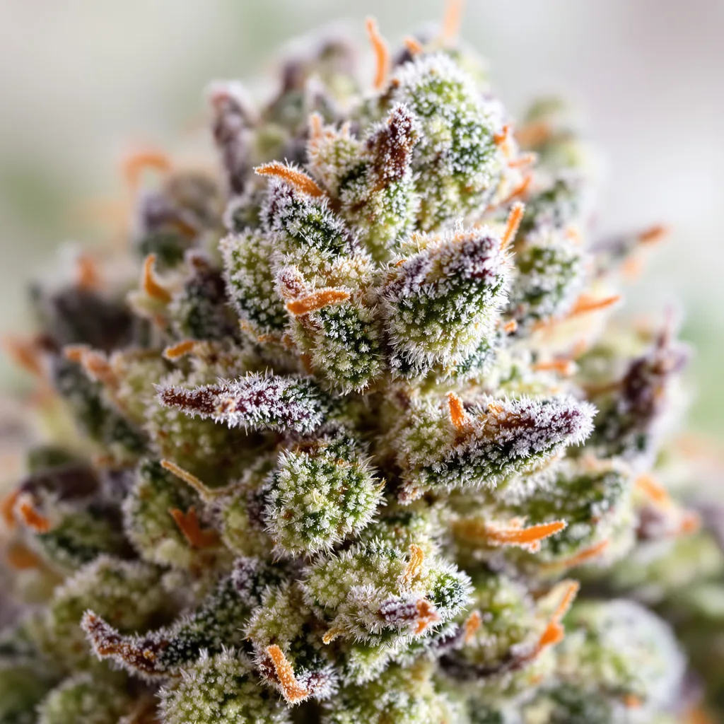 Gros plan de fleur de cannabis Cinex montrant structure ouverte avec pistils orangés