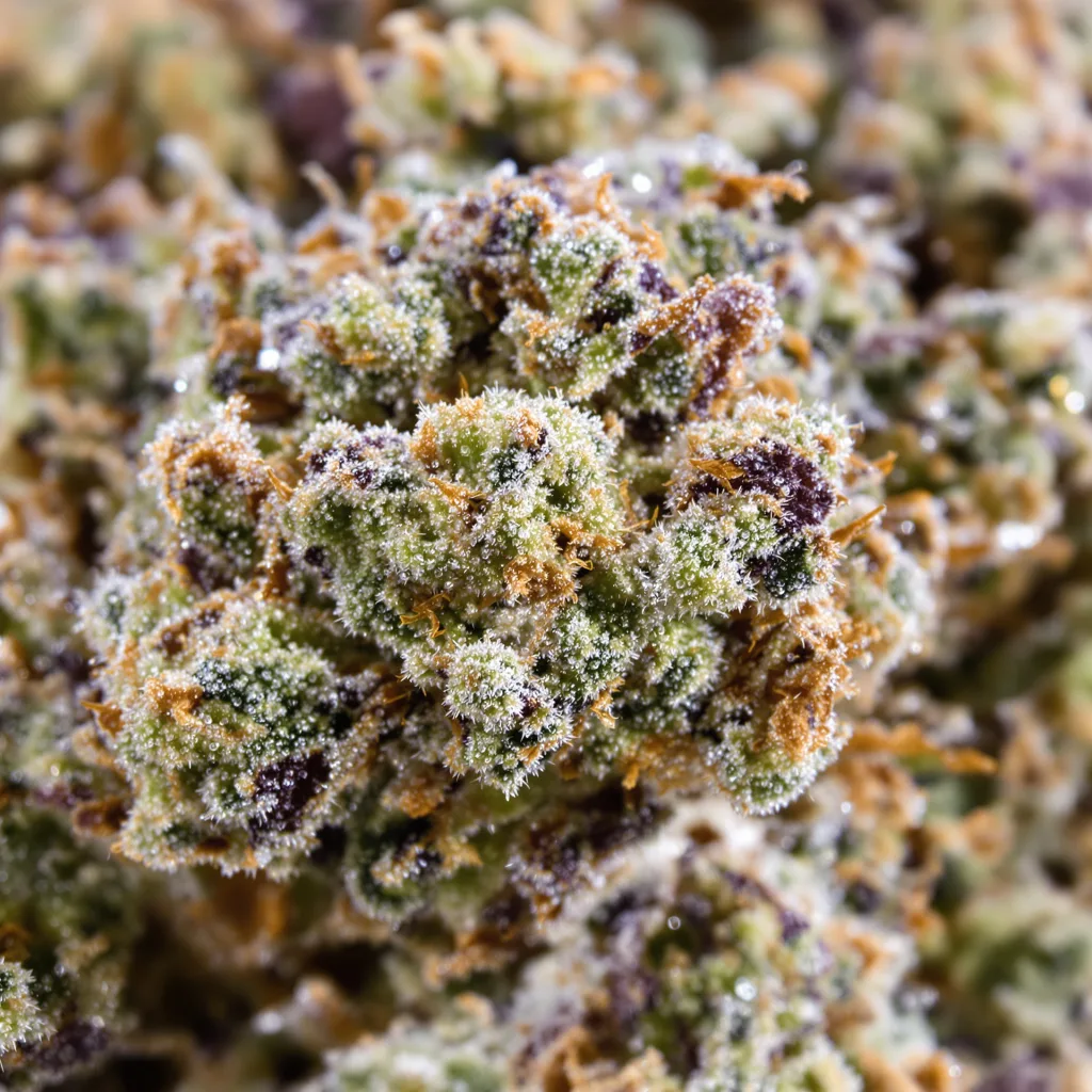 Gros plan de fleur de cannabis Citrix montrant structure équilibrée avec trichomes givrés