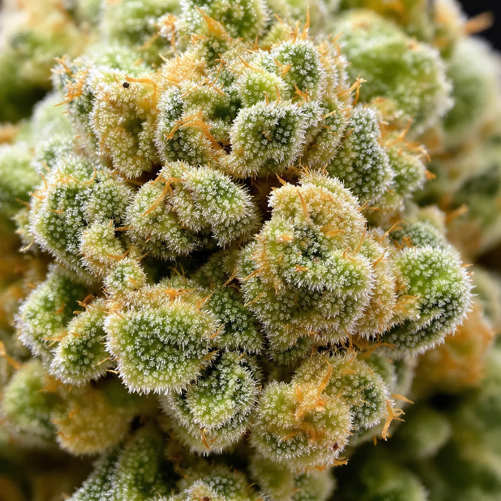 Gros plan de fleur de cannabis Clementine montrant structure aérée vert lime