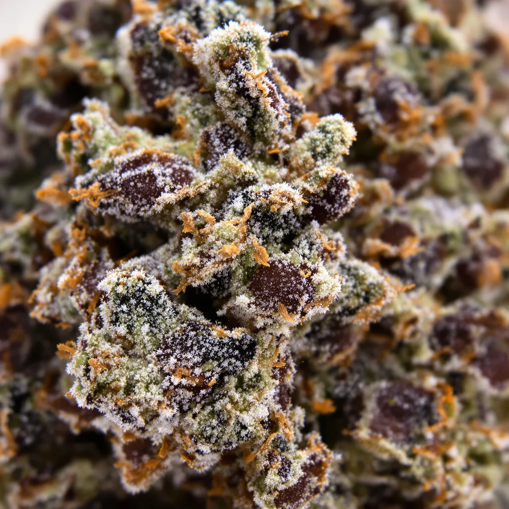 Gros plan de fleur de cannabis Cluster Bomb montrant calices denses aux reflets violets