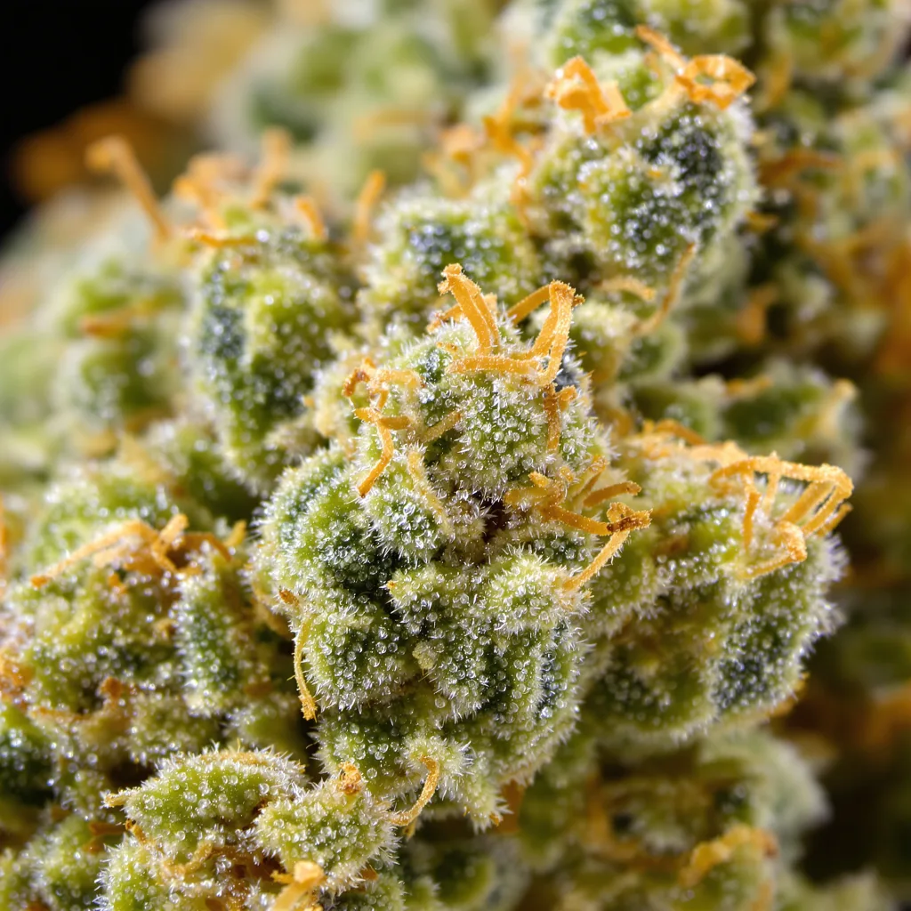 Gros plan de fleur de cannabis Coffee montrant structure aérée vert lime