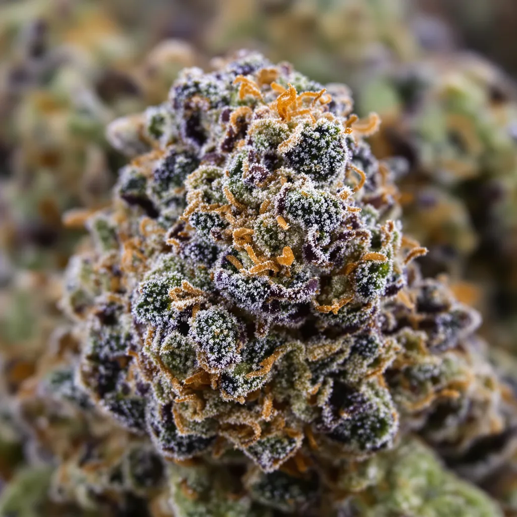 Gros plan de fleur de cannabis Cold War Kush montrant calices denses aux reflets violets