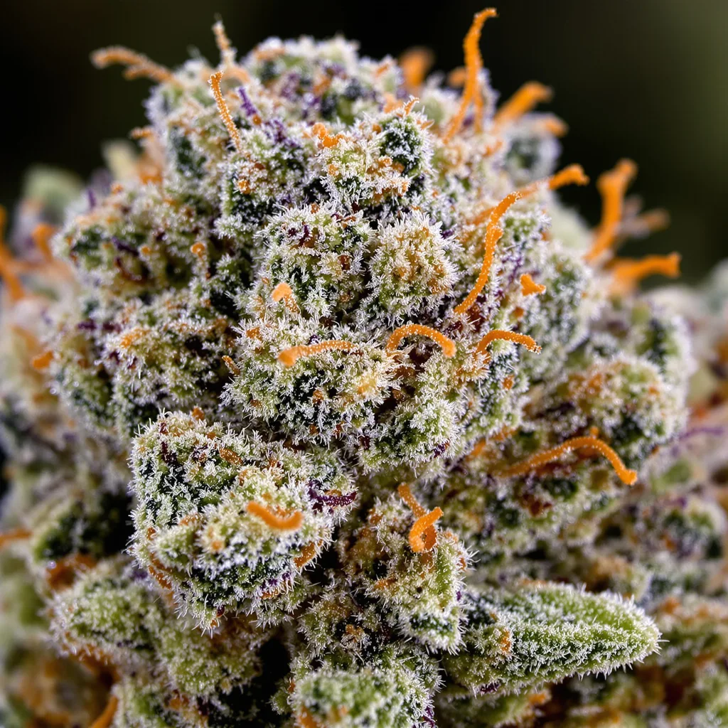 Gros plan de fleur de cannabis Colombian Gold montrant structure ouverte avec pistils orangés