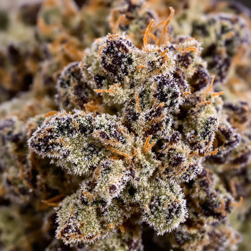 Gros plan de fleur de cannabis Colorado Bubba montrant calices denses aux reflets violets