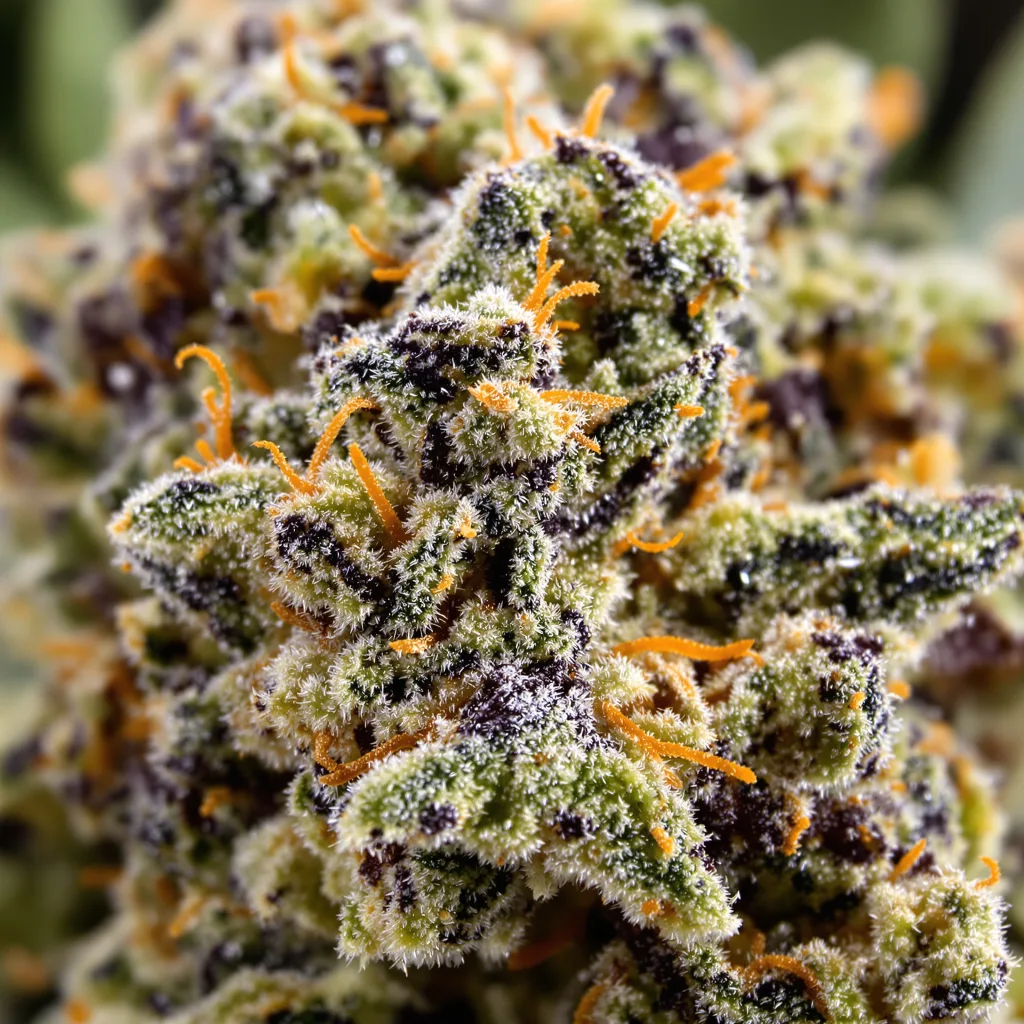 Gros plan de fleur de cannabis Confidential Cheese montrant calices denses aux reflets violets