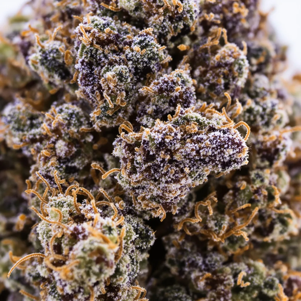 Gros plan de fleur de cannabis Confidential Wreck montrant calices denses aux reflets violets