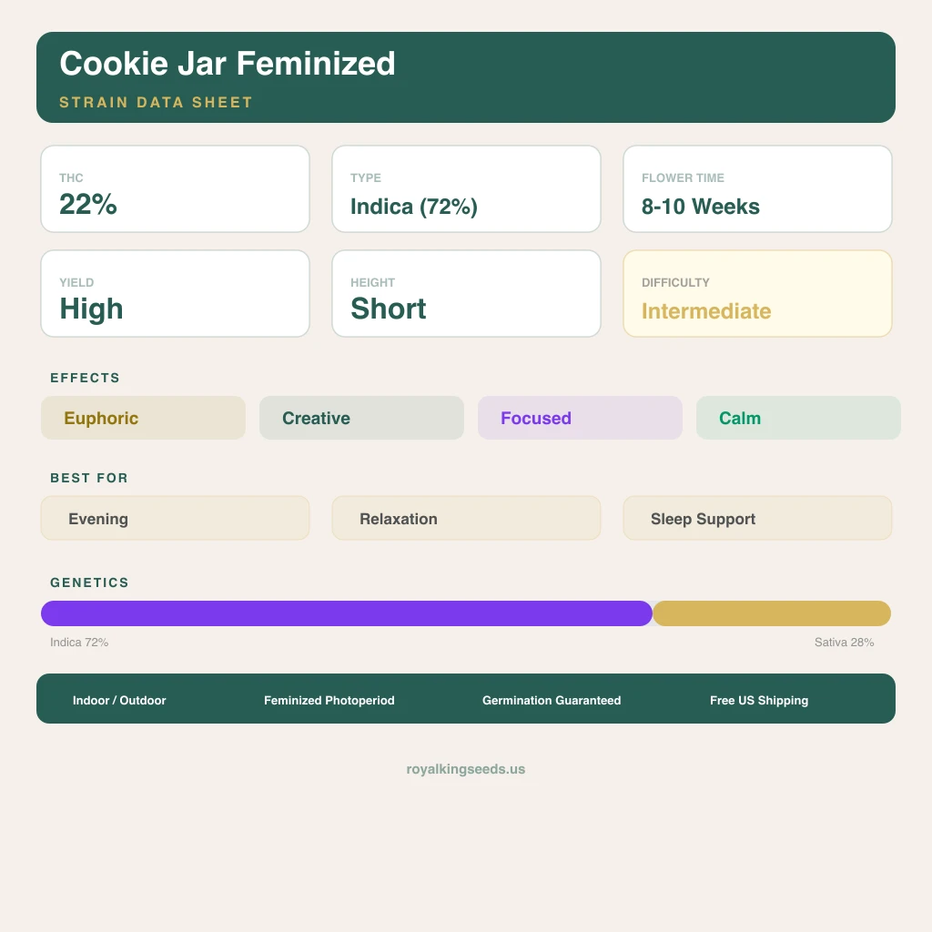 Cookie Jar 72% indica / 28% sativa — fleur avec trichomes visibles
