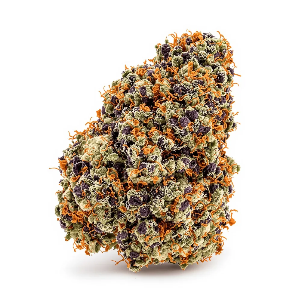 Cookie Monster 84% indica / 16% sativa — fleur avec trichomes visibles