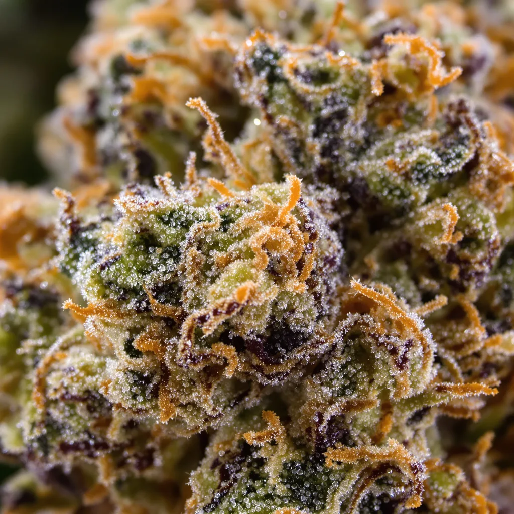 Gros plan de fleur de cannabis Cookie Wreck montrant structure ouverte avec pistils orangés
