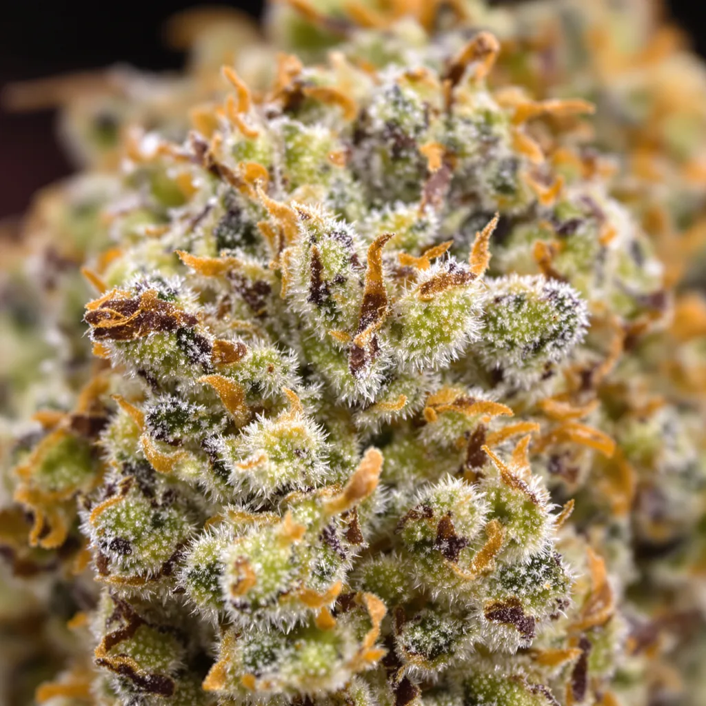 Gros plan de fleur de cannabis Cookie Wreck montrant structure ouverte avec pistils orangés