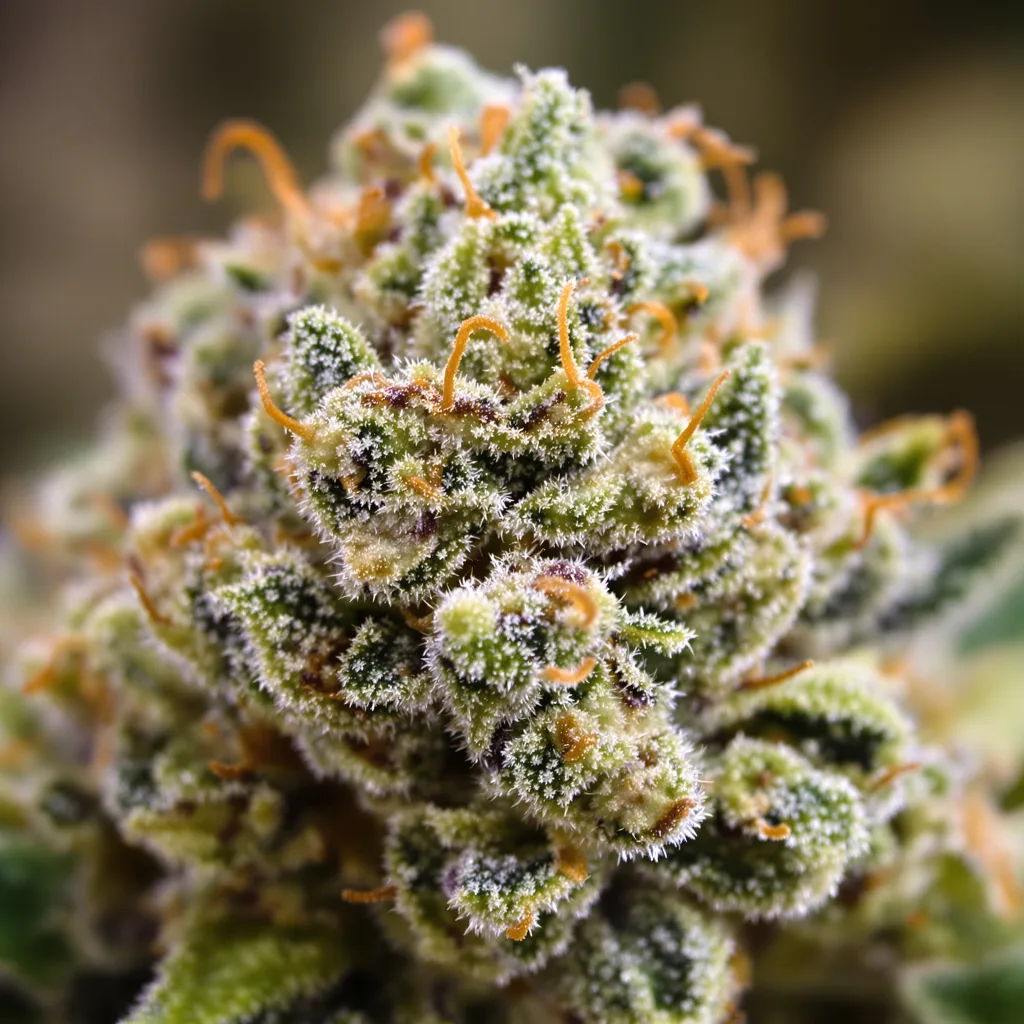 Gros plan de fleur de cannabis Cookies and Cream montrant structure équilibrée avec trichomes givrés