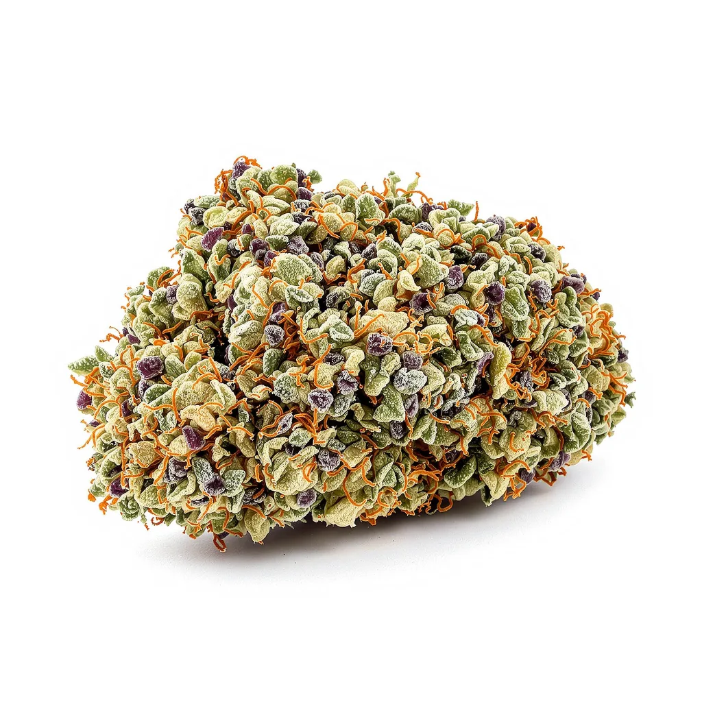 Cookies and Cream 52% indica / 48% sativa — fleur avec trichomes visibles
