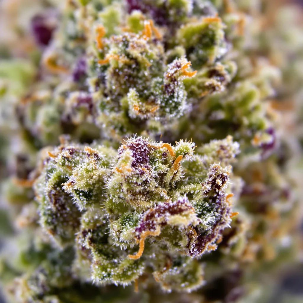 Gros plan de fleur de cannabis Cookies Gelato montrant structure équilibrée avec trichomes givrés