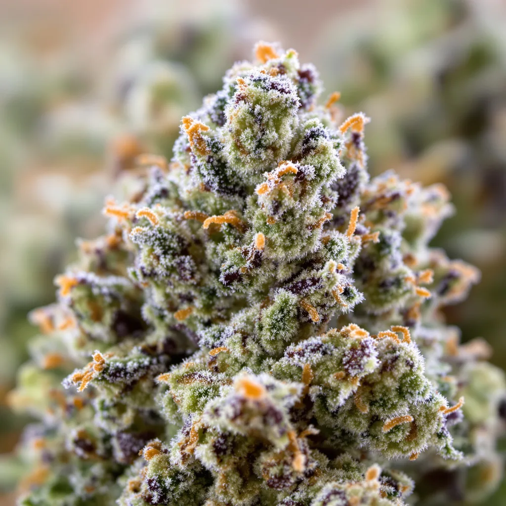 Gros plan de fleur de cannabis Cookies Gelato montrant structure équilibrée avec trichomes givrés