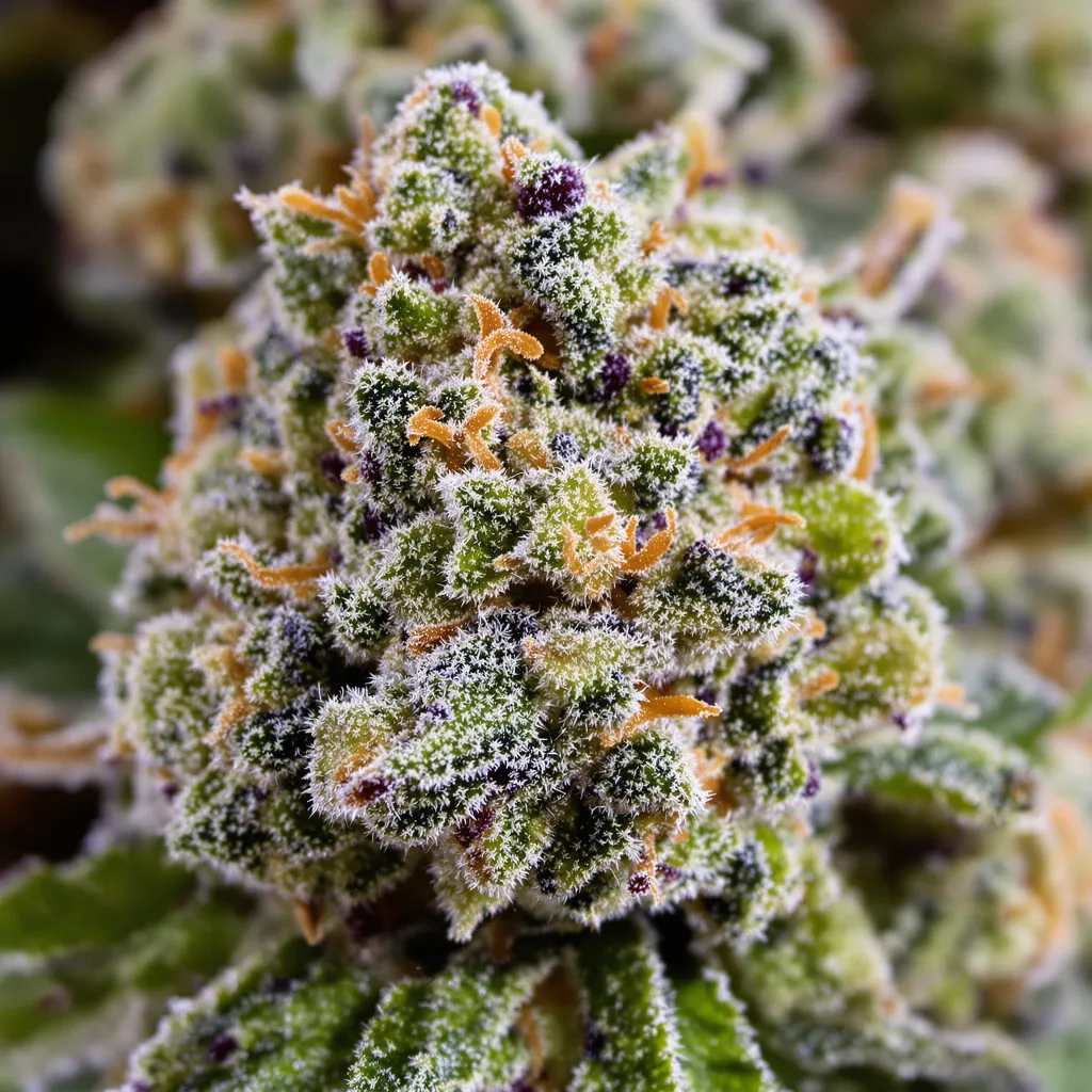 Gros plan de fleur de cannabis Copper Kush montrant structure équilibrée avec trichomes givrés