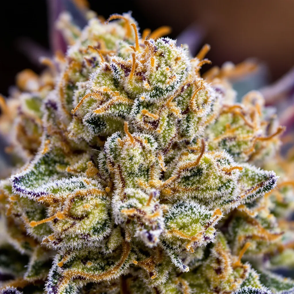 Gros plan de fleur de cannabis Corkscrew montrant structure équilibrée avec trichomes givrés