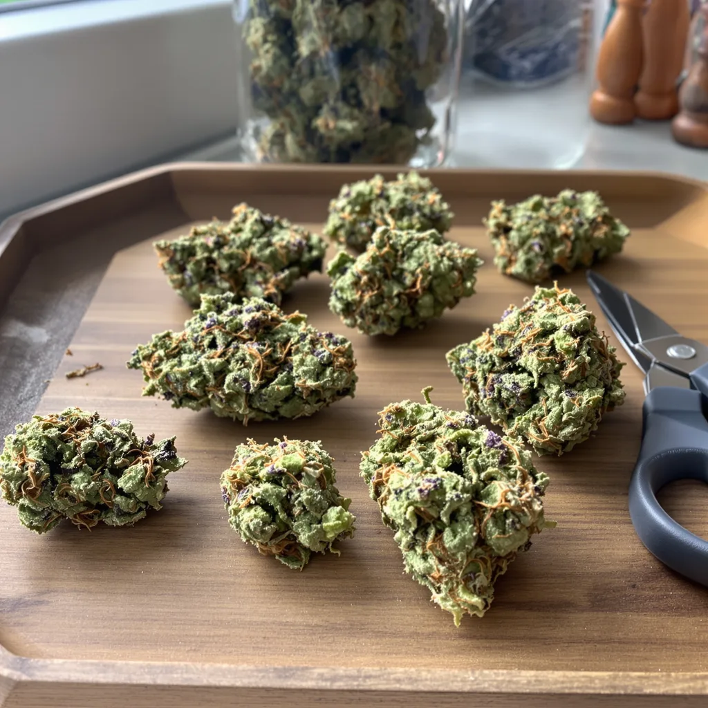 Corkscrew 57% indica / 43% sativa — fleur avec trichomes visibles