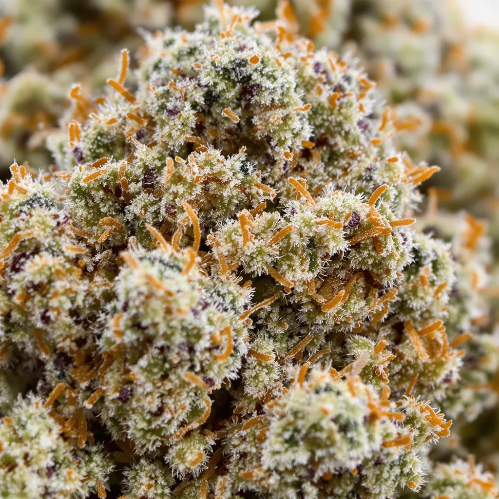 Gros plan de fleur de cannabis Corkscrew montrant structure équilibrée avec trichomes givrés