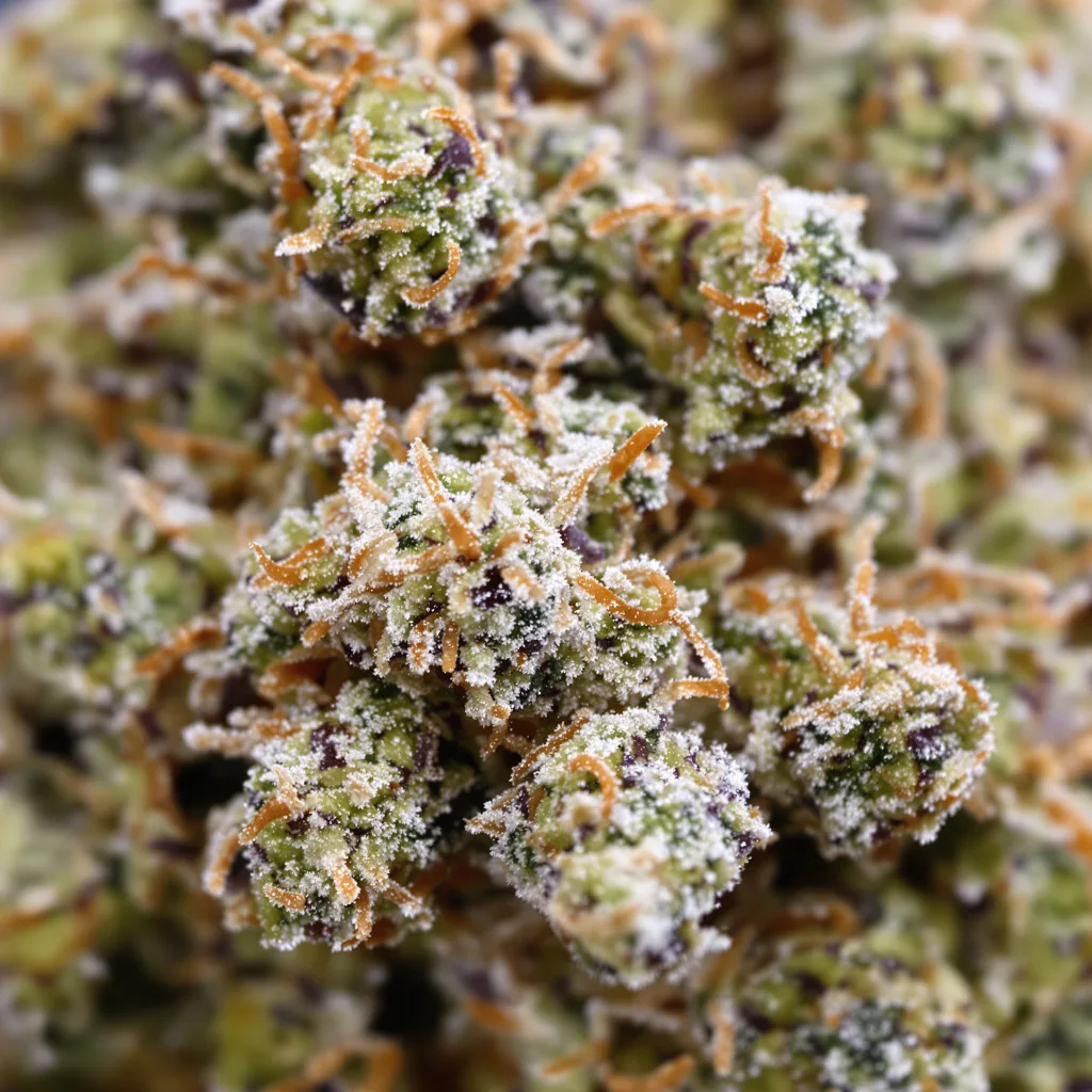 Gros plan de fleur de cannabis Corleone Kush montrant structure équilibrée avec trichomes givrés