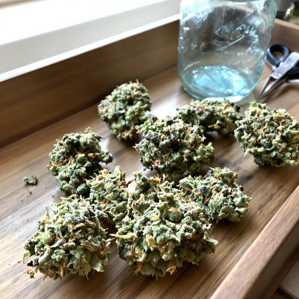 Cotton Candy Kush 50% indica / 50% sativa — fleur avec trichomes visibles