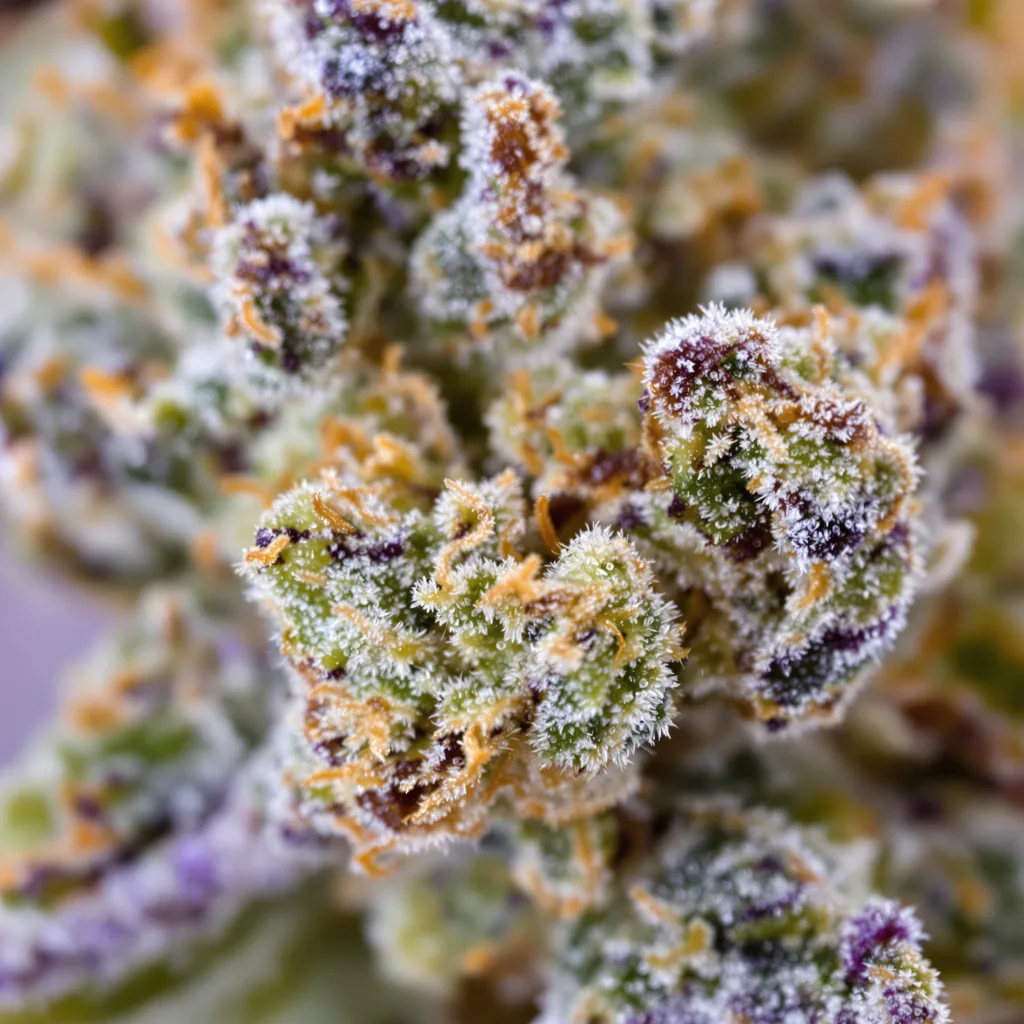 Gros plan de fleur de cannabis Cotton Candy Kush montrant structure équilibrée avec trichomes givrés