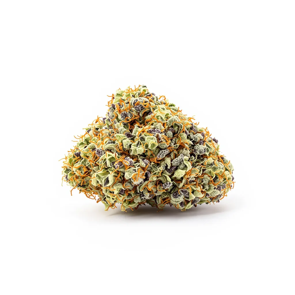Cotton Candy Kush 50% indica / 50% sativa — fleur avec trichomes visibles