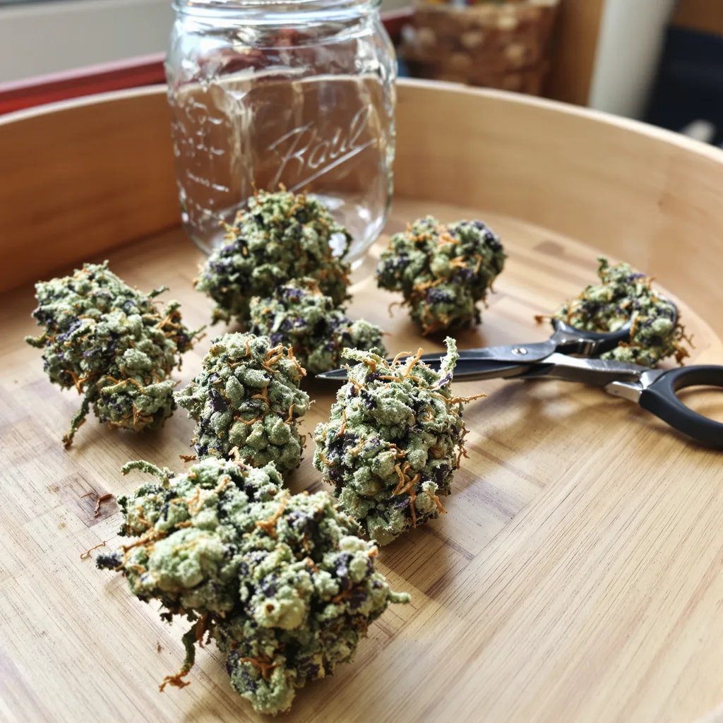 Cotton Candy Kush 50% indica / 50% sativa — fleur avec trichomes visibles