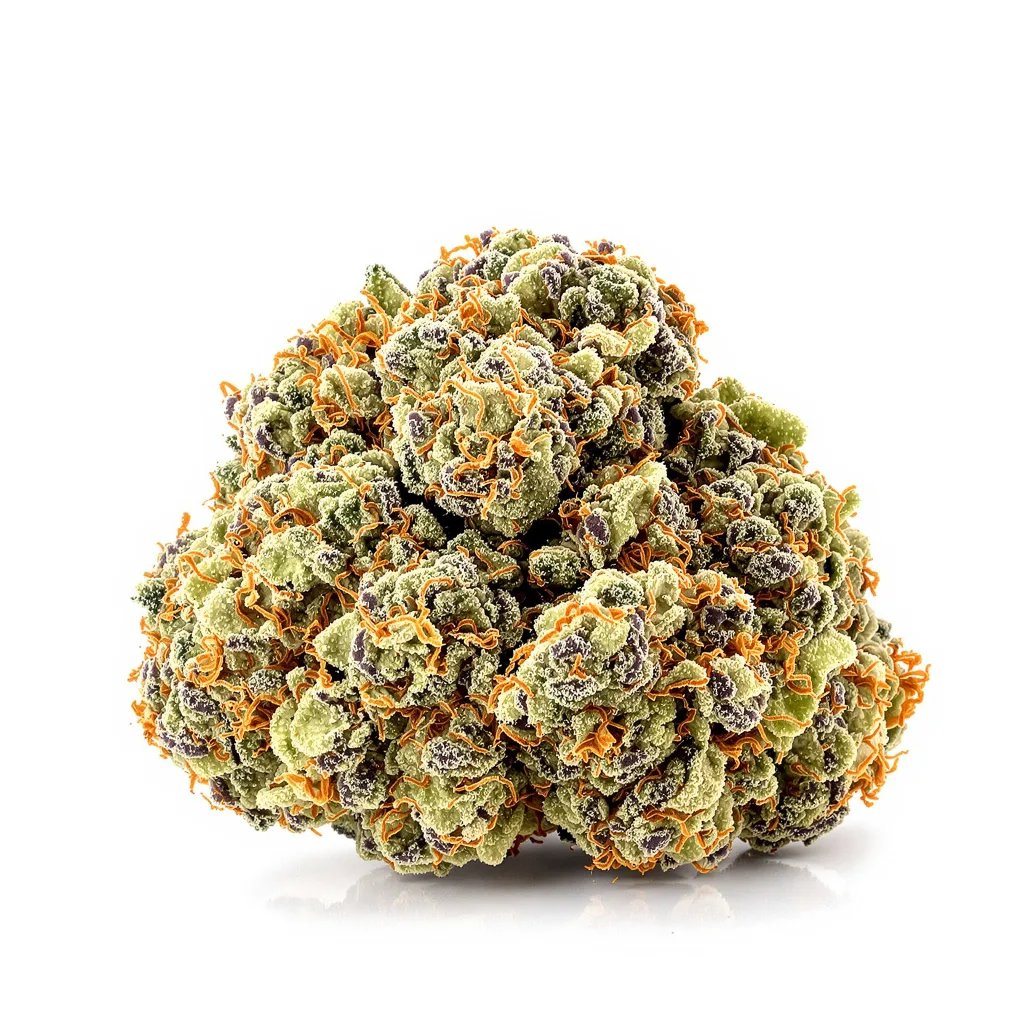 Cotton Candy Kush 50% indica / 50% sativa — fleur avec trichomes visibles