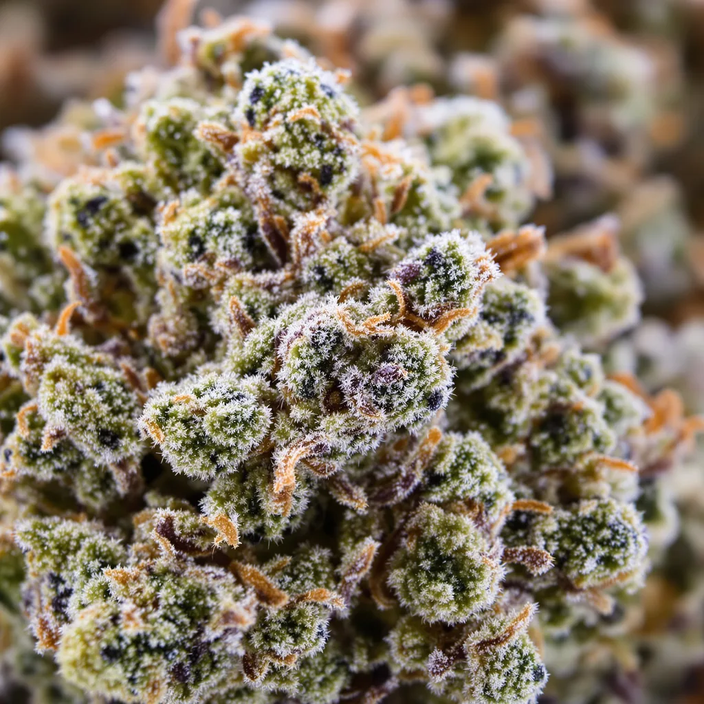 Gros plan de fleur de cannabis Couch Lock Mixpack montrant structure équilibrée avec trichomes givrés