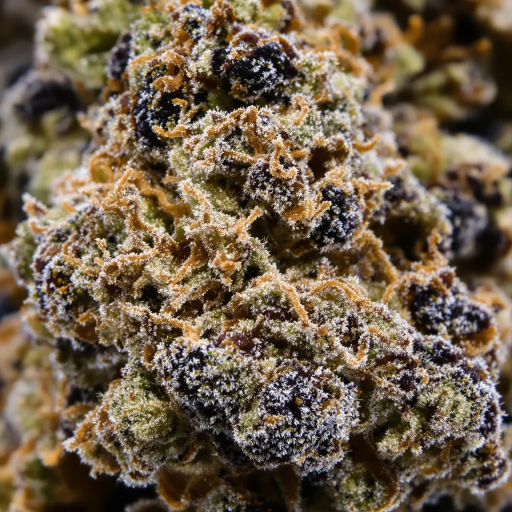Gros plan de fleur de cannabis Couch Lock Pack montrant calices denses aux reflets violets