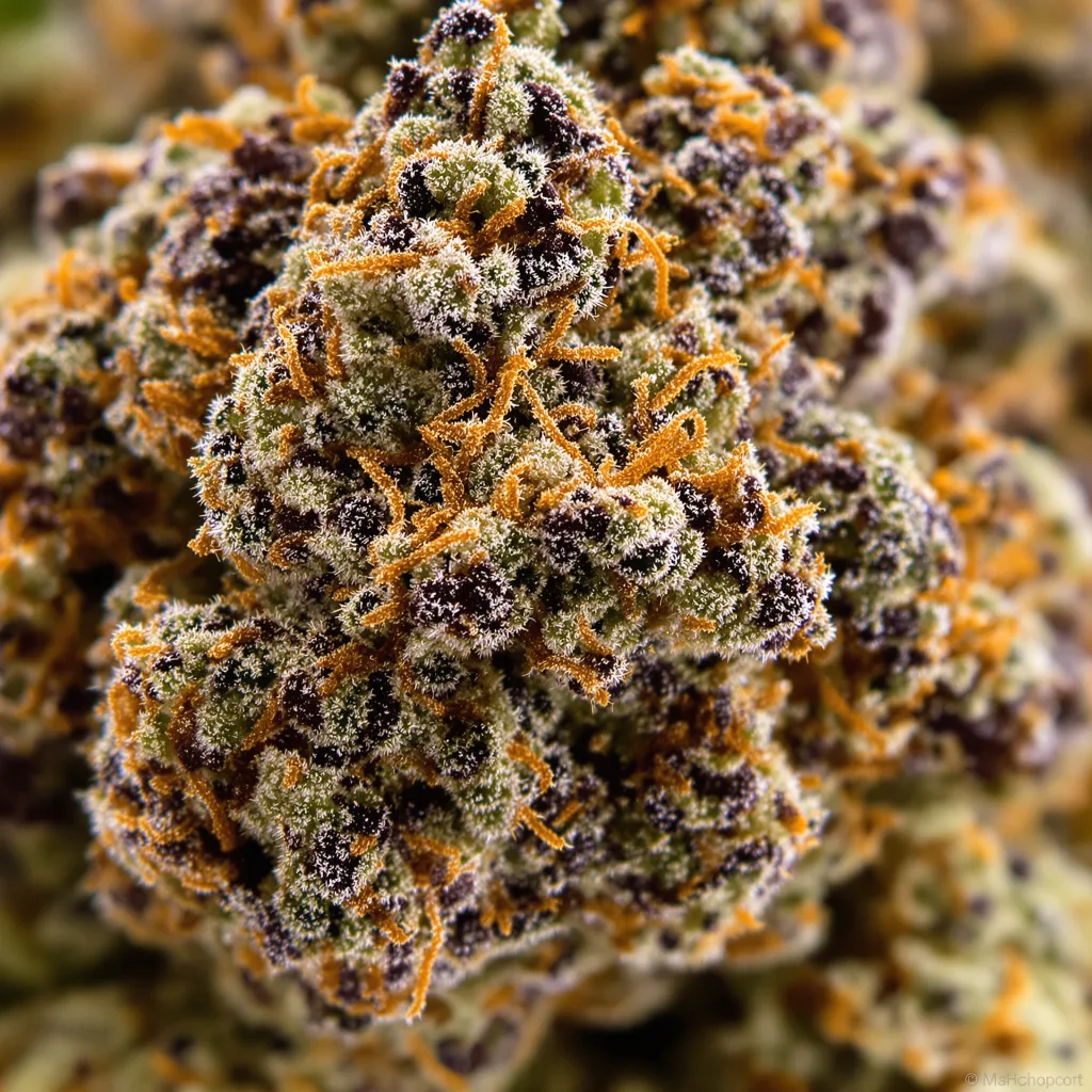 Gros plan de fleur de cannabis Cowboy Kush montrant calices denses aux reflets violets