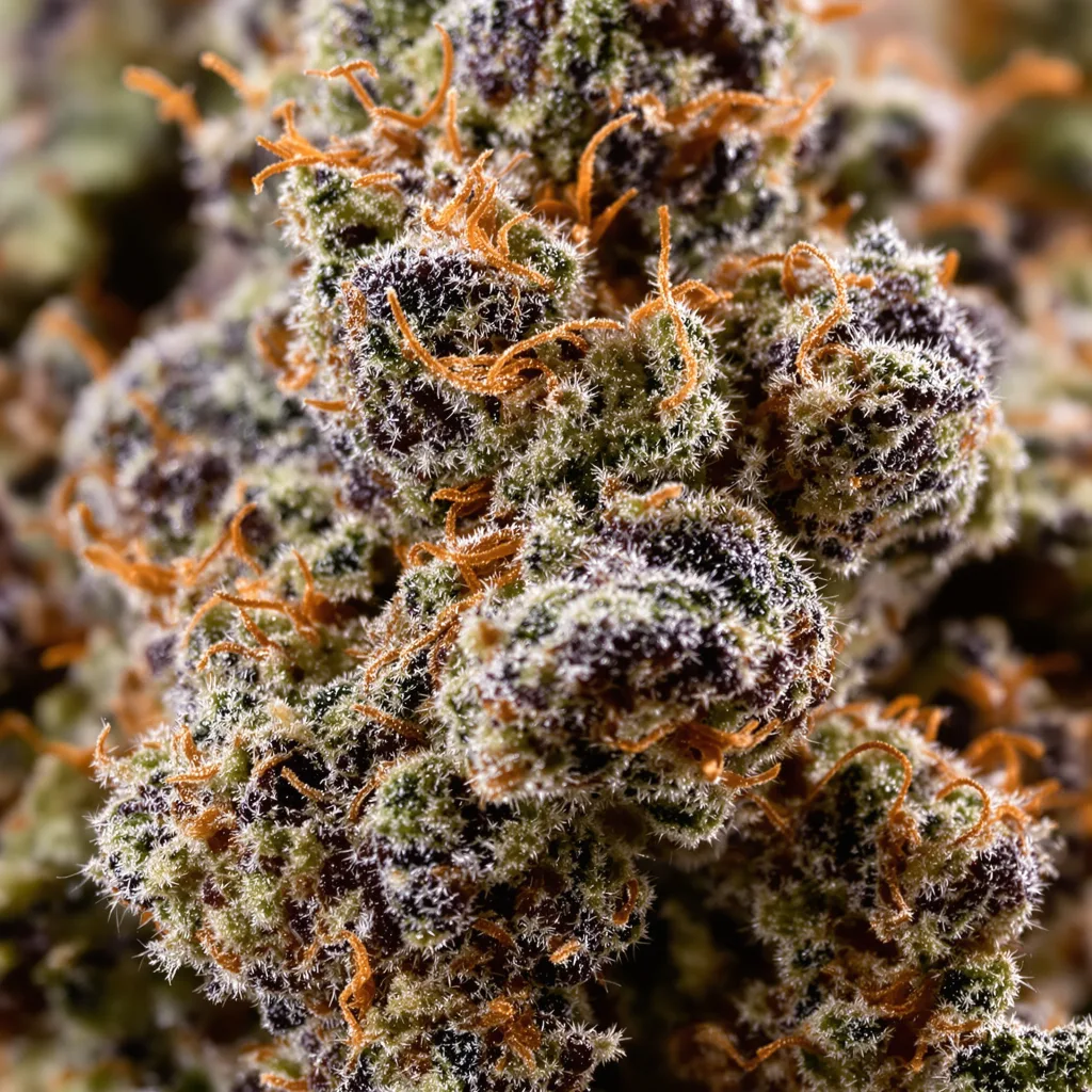 Gros plan de fleur de cannabis Cracker Jack montrant calices denses aux reflets violets